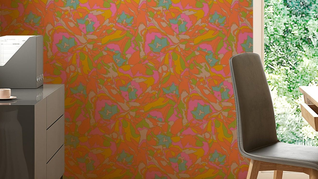 A wall mural of a peaceful floral pattern.

