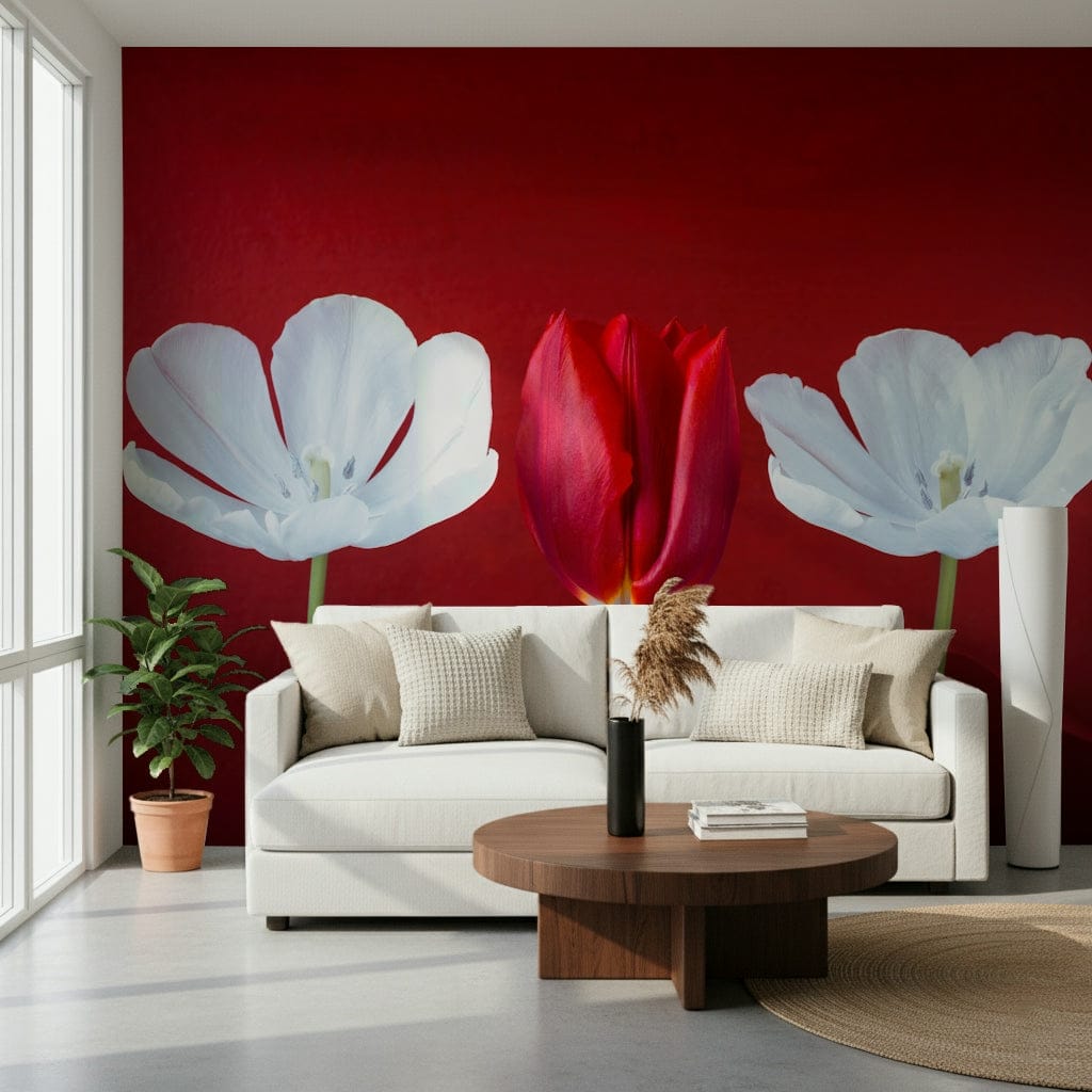 Vibrant floral decor utilizing Tulips in a row wallpaper for walls in living rooms.