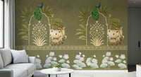 Green Kamdhenu wall mural for apartment meditation room decor