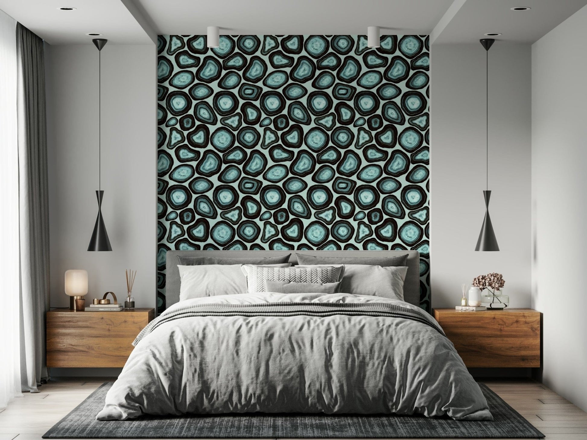 Repeating turquoise agate stone patterns giving the wallpaper a rich organic flow.