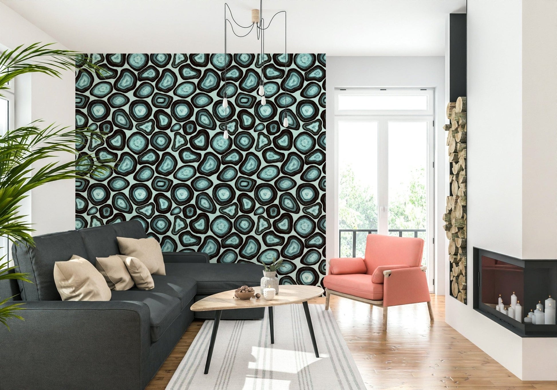 Organic stone-like motifs in turquoise tones creating a luxurious agate wallpaper pattern.