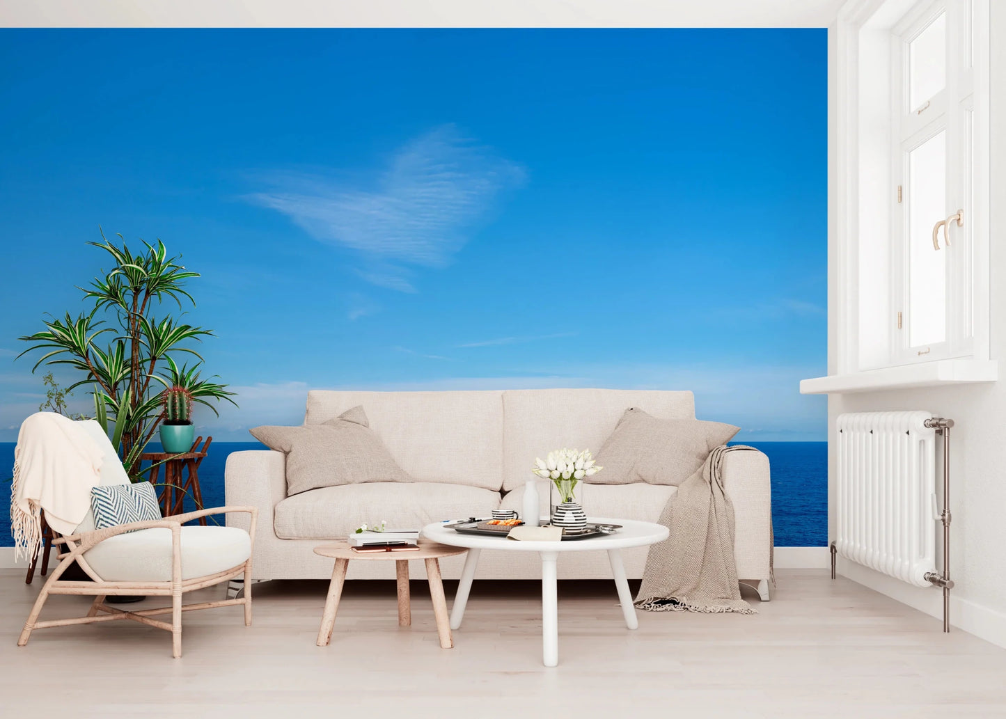 Minimalist Turquoise Blue Sea Wall Mural showing a heart-shaped sky formation