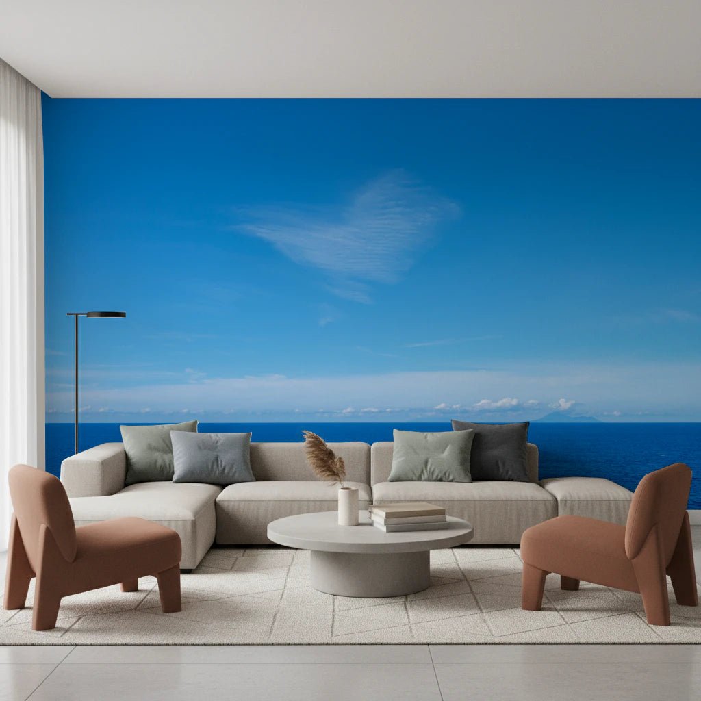 Turquoise Blue Sea Wall Mural for living room with a unique heart cloud and deep blue sea