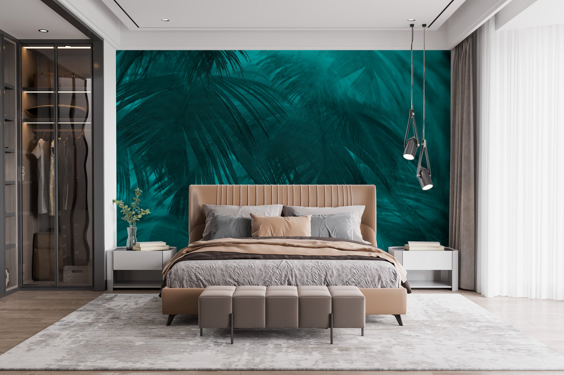 Turquoise Color Palm Tree Leaves Wallpaper Murals - Giffywalls