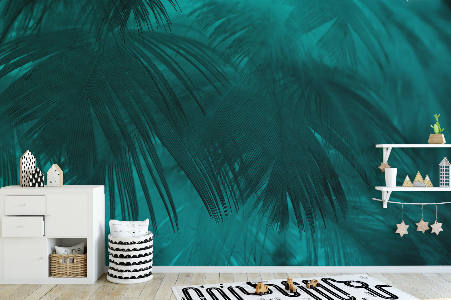 Vibrant tropical turquoise wallpaper decor