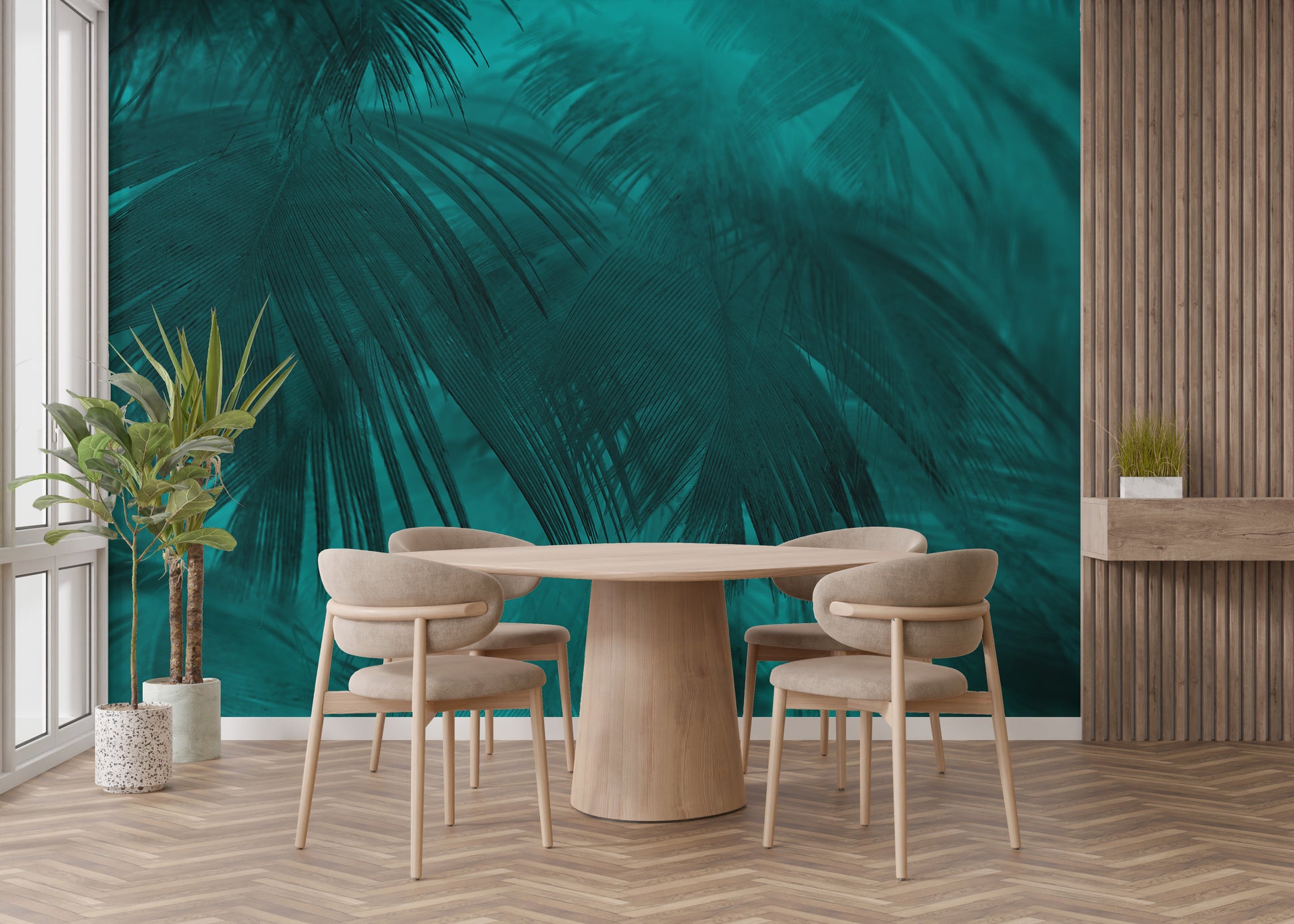 Modern palm leaves peel and stick wallpaper for dining room