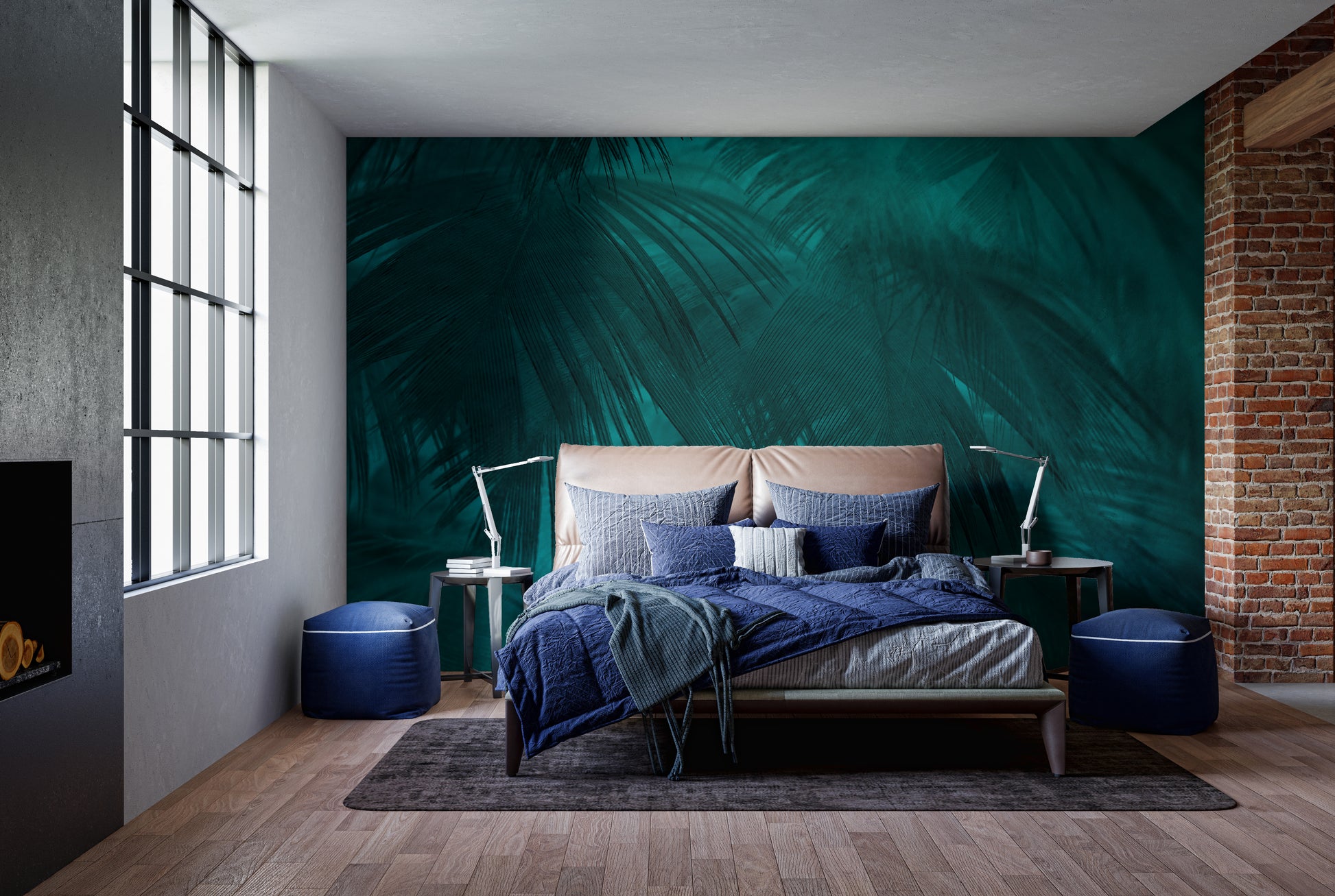 Elegant teal palm leaves wallpaper decor