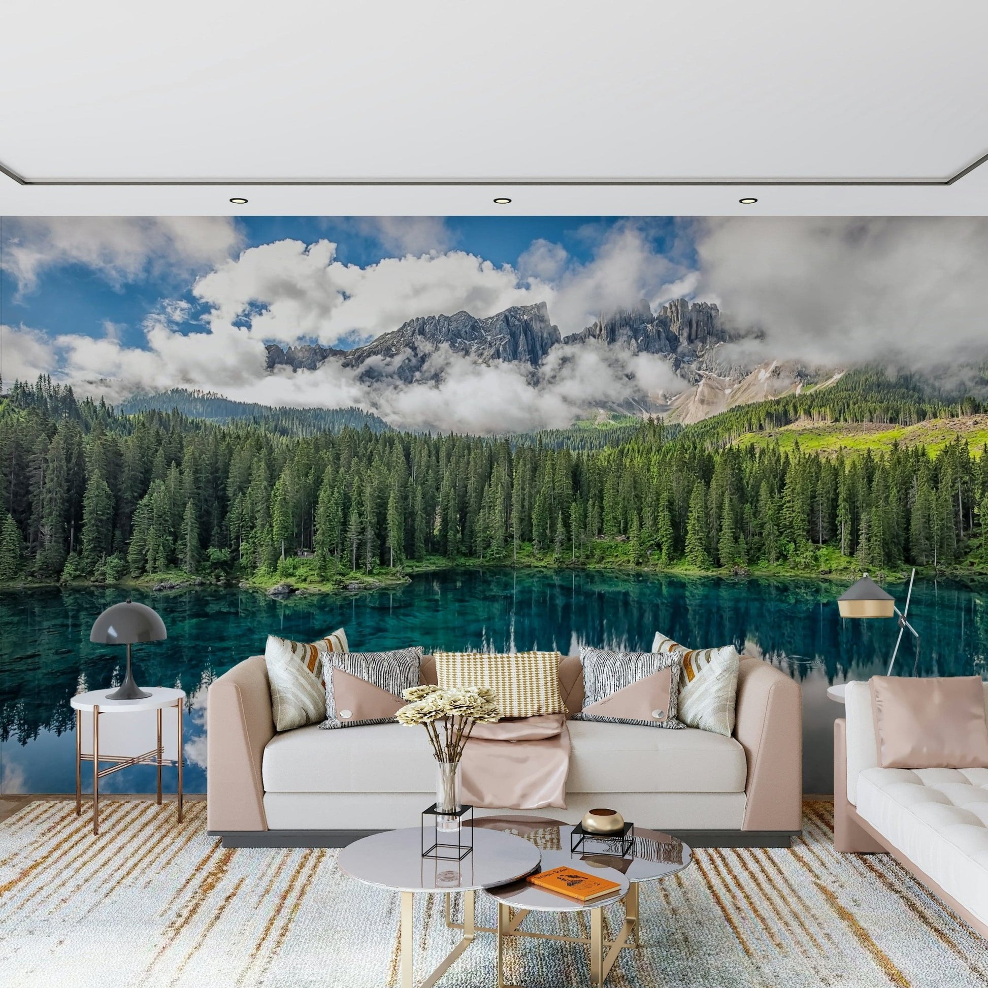 Majestic mountain range print, reflective surface, wallpaper, Turquoise Dreamscape.