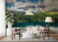 High-definition wall mural, Dolomite scenery, spruce trees, Turquoise Dreamscape.