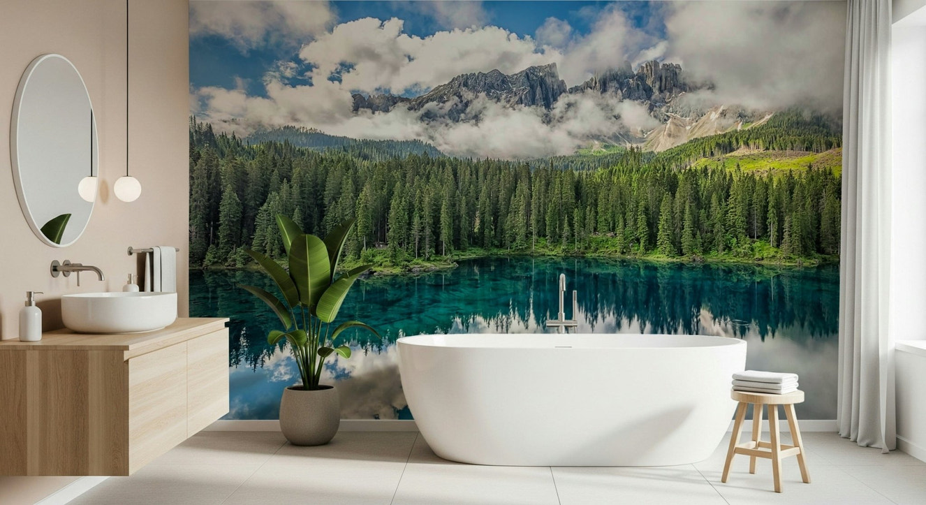 Turquoise Dreamscape wall mural, clear azure lake, grand peaks.