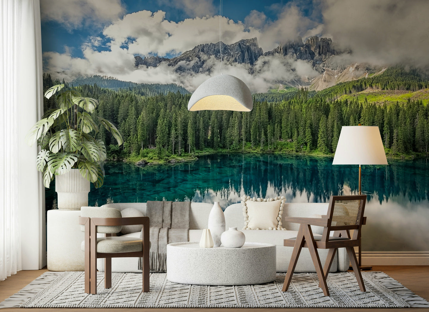 High-definition wall mural, Dolomite scenery, spruce trees, Turquoise Dreamscape.