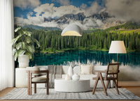 High-definition wall mural, Dolomite scenery, spruce trees, Turquoise Dreamscape.