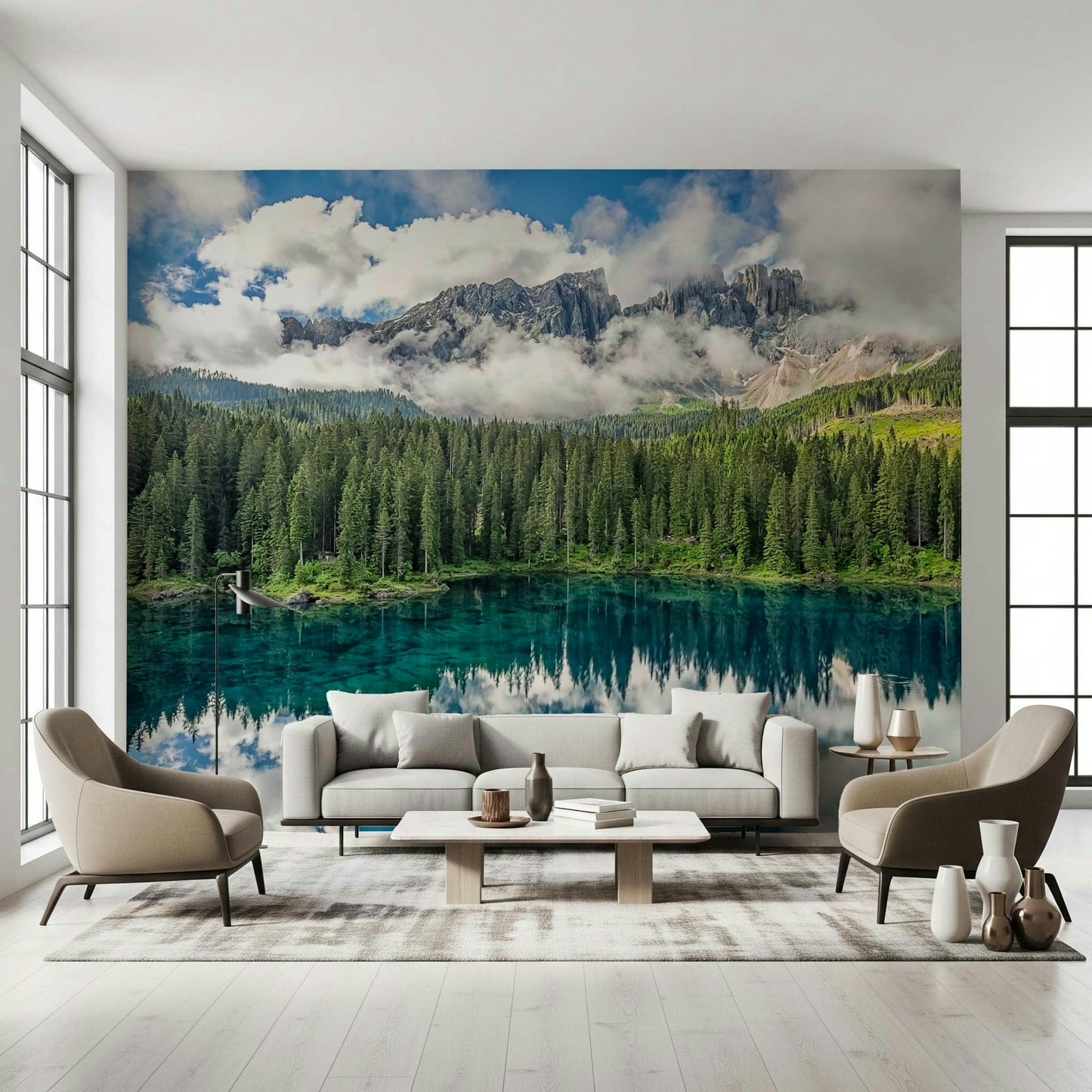 Beautiful forest backdrop, serene lake wall covering, vibrant, Dreamscape product.