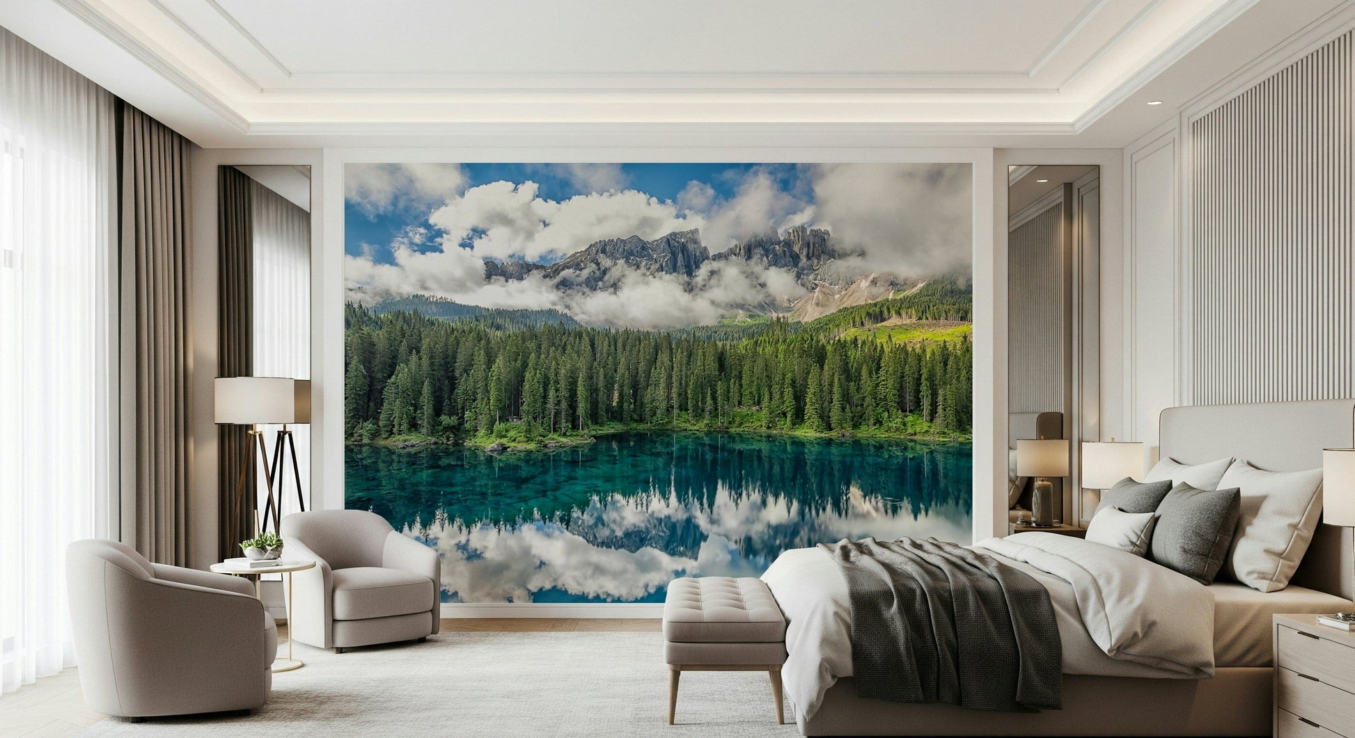 Evergreen forest wallpaper for walls, crystal lake, high Dolomites, Dreamscape.