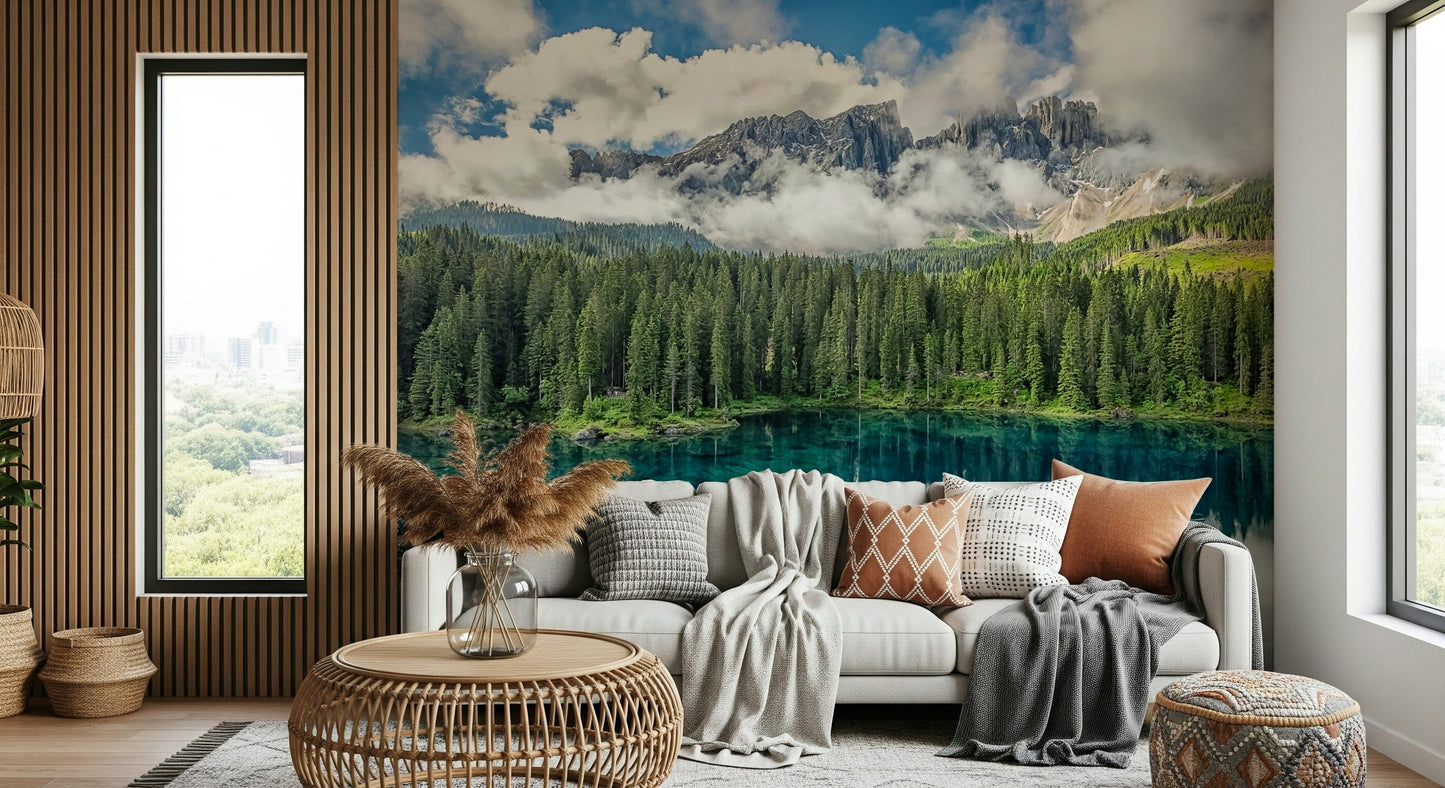 Stunning alpine vista wallpaper, deep forest reflection, Turquoise Dreamscape.
