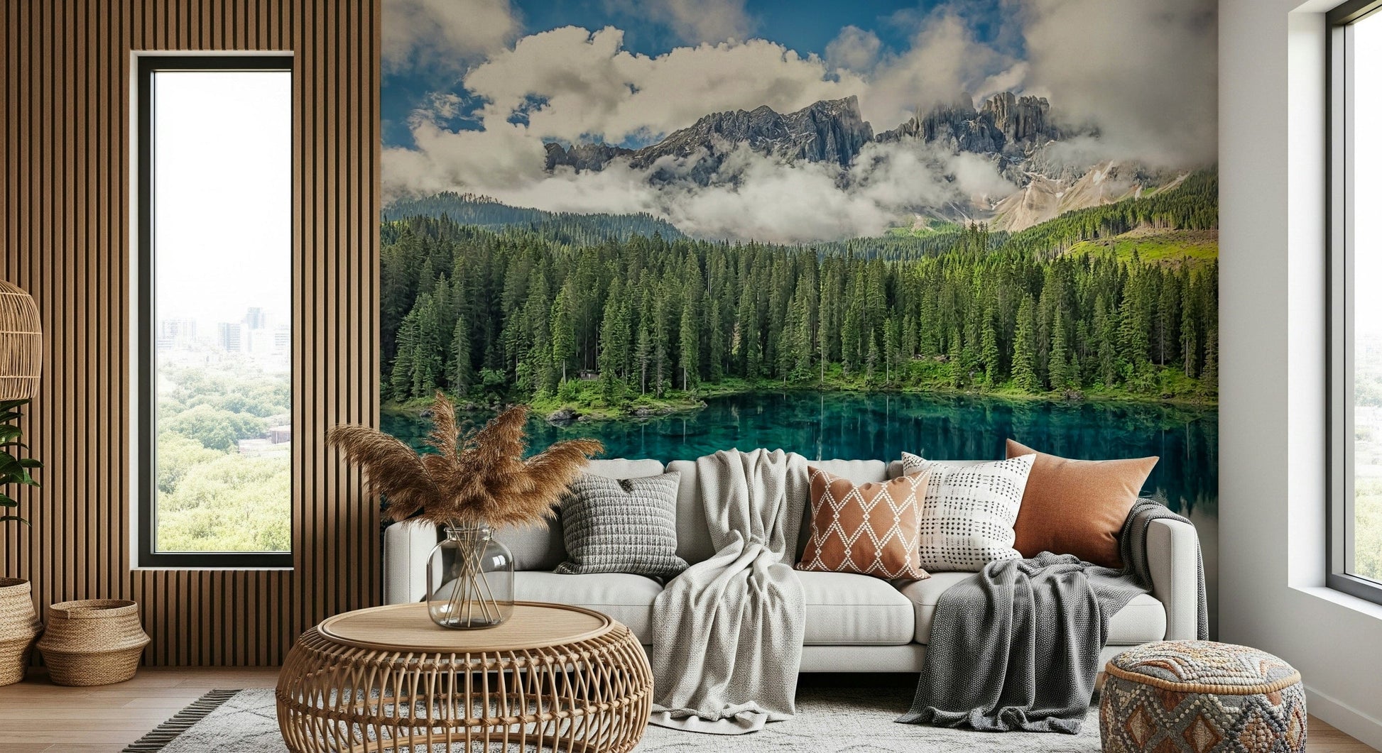 Stunning alpine vista wallpaper, deep forest reflection, Turquoise Dreamscape.