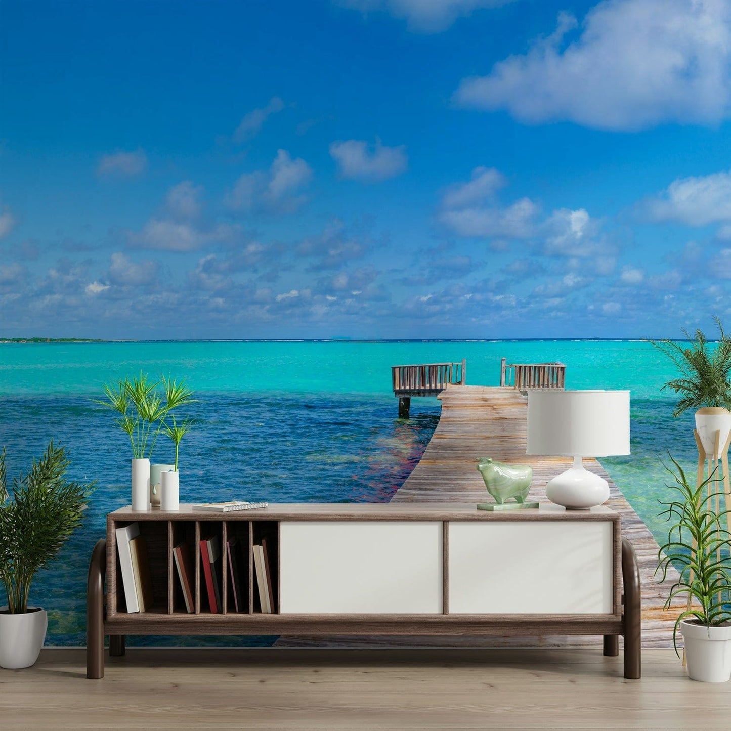 The wallpaper is perfect for a peaceful space.

