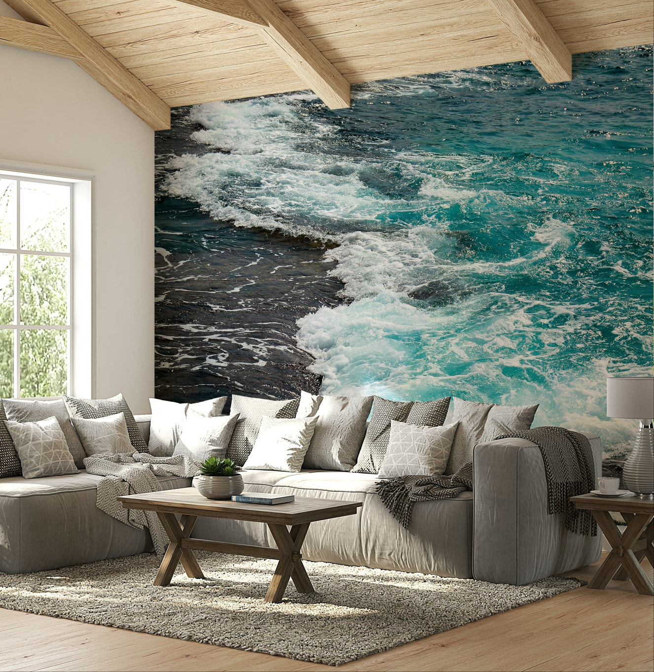 A graceful subtle beach wall mural in cool, natural tones.

