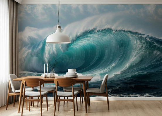 Turquoise Surge wallpaper mural of a curling ocean wave behind a wood dining table with grey chairs