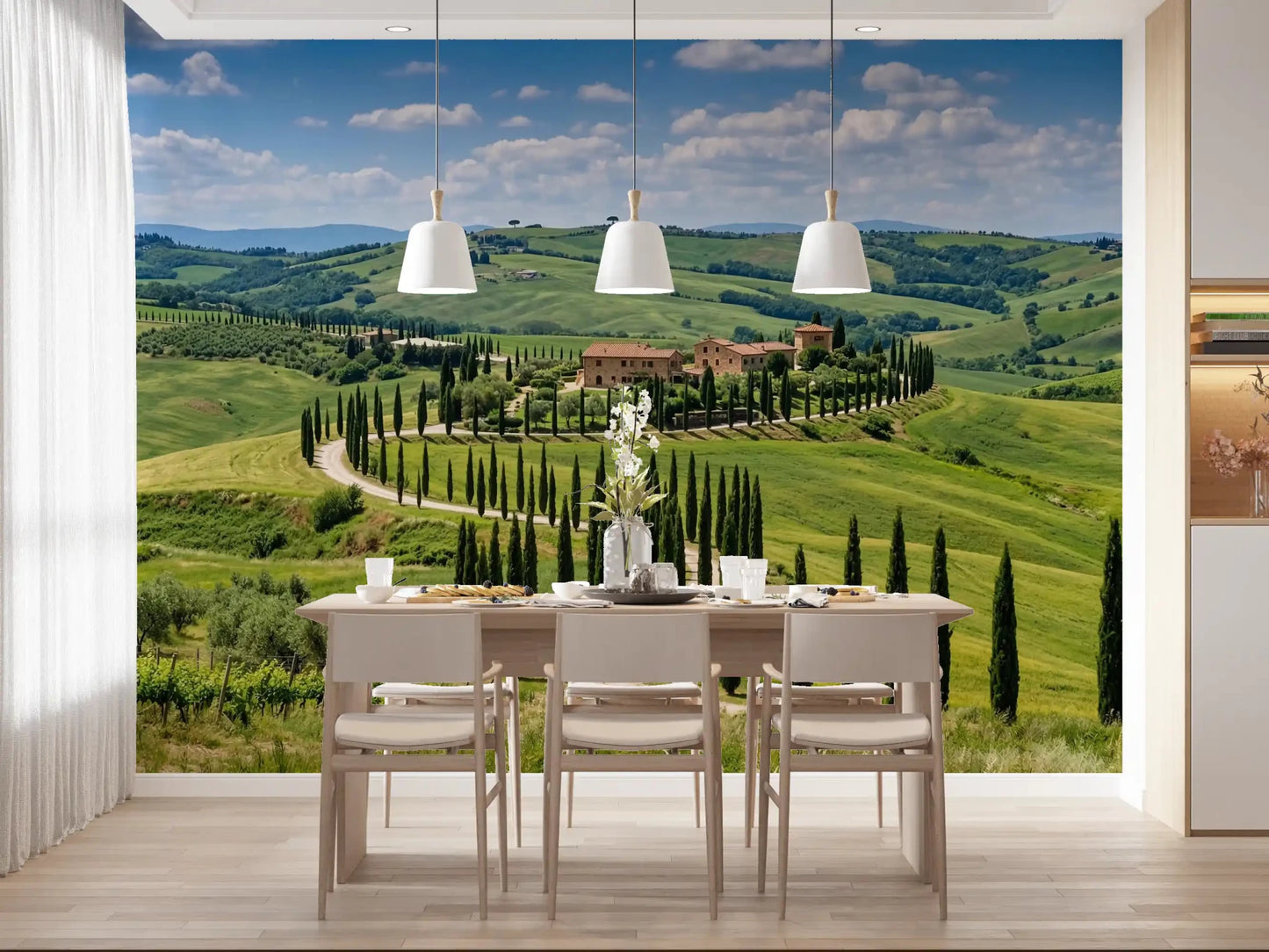 Dining room setting with countryside wall mural and curving cypress-lined path