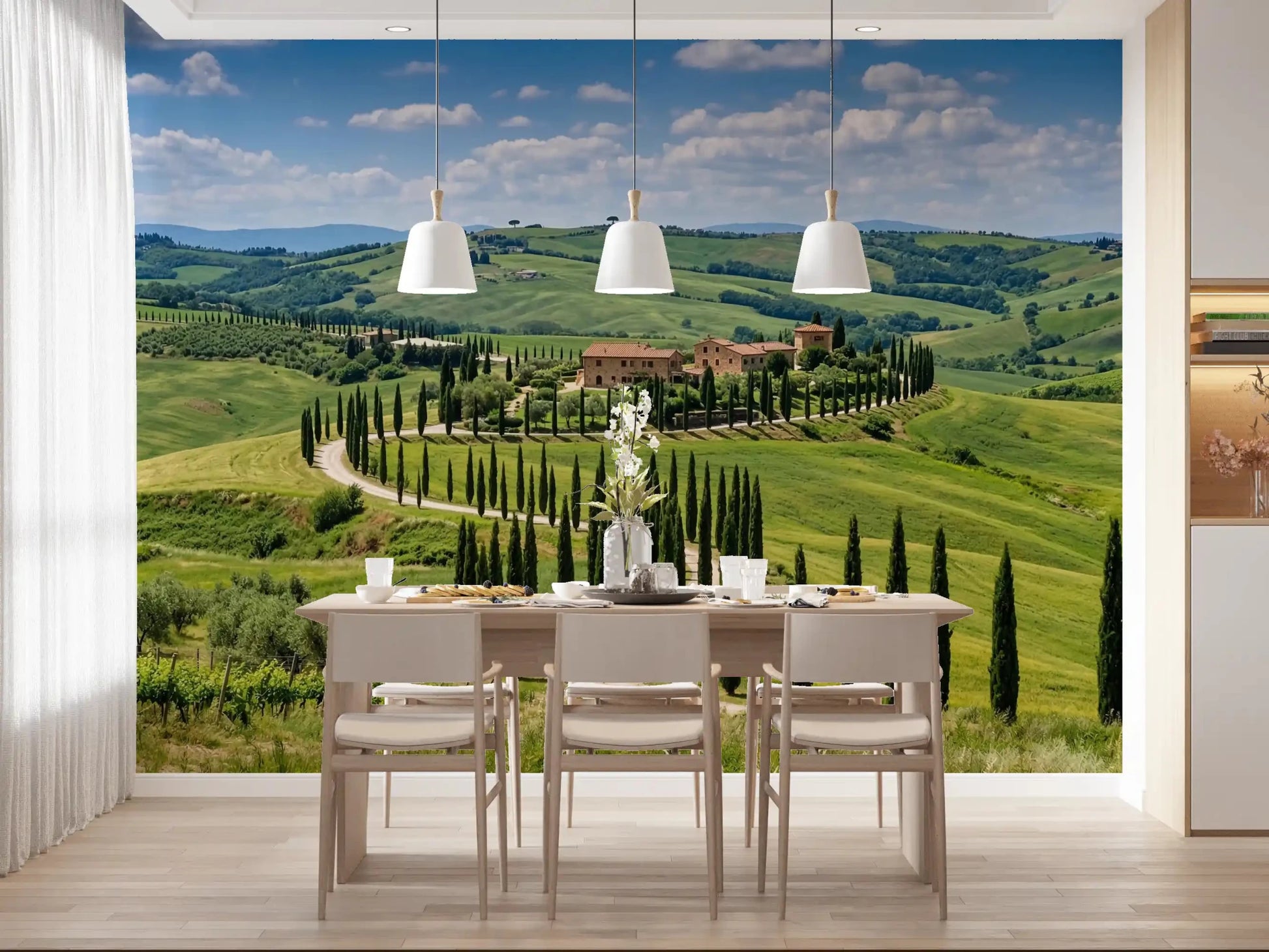 Dining room setting with countryside wall mural and curving cypress-lined path