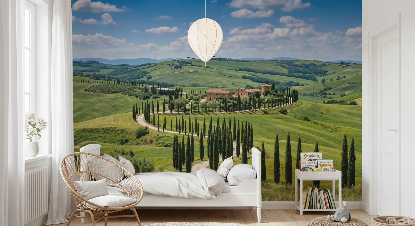 Bedroom styled in Tuscany wall mural with villa and winding tree-lined road
