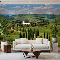 Entryway with Italian landscape wall mural and cypress road composition