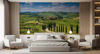 Bedroom with rolling hills wall mural and Tuscan villa in the distance