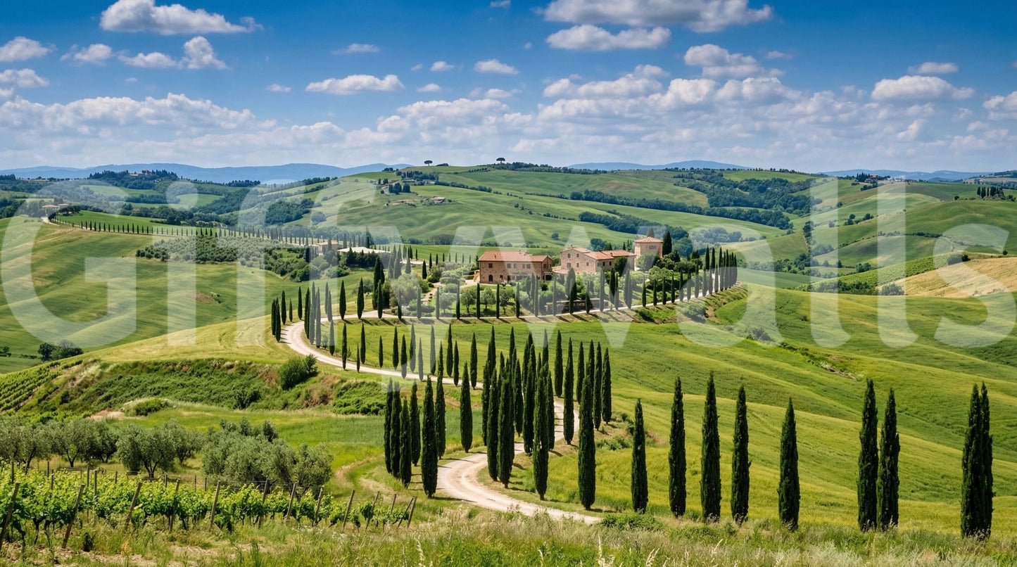 Tuscan cypress wall mural with rolling green hills and villa