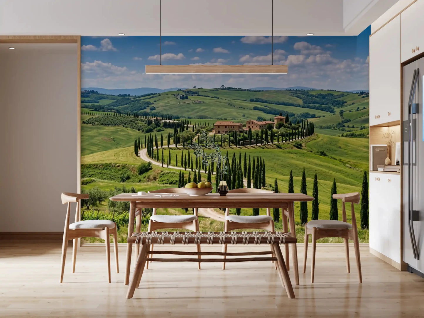 Dining room Tuscan landscape wall mural and sunlit countryside depth