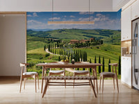 Dining room Tuscan landscape wall mural and sunlit countryside depth