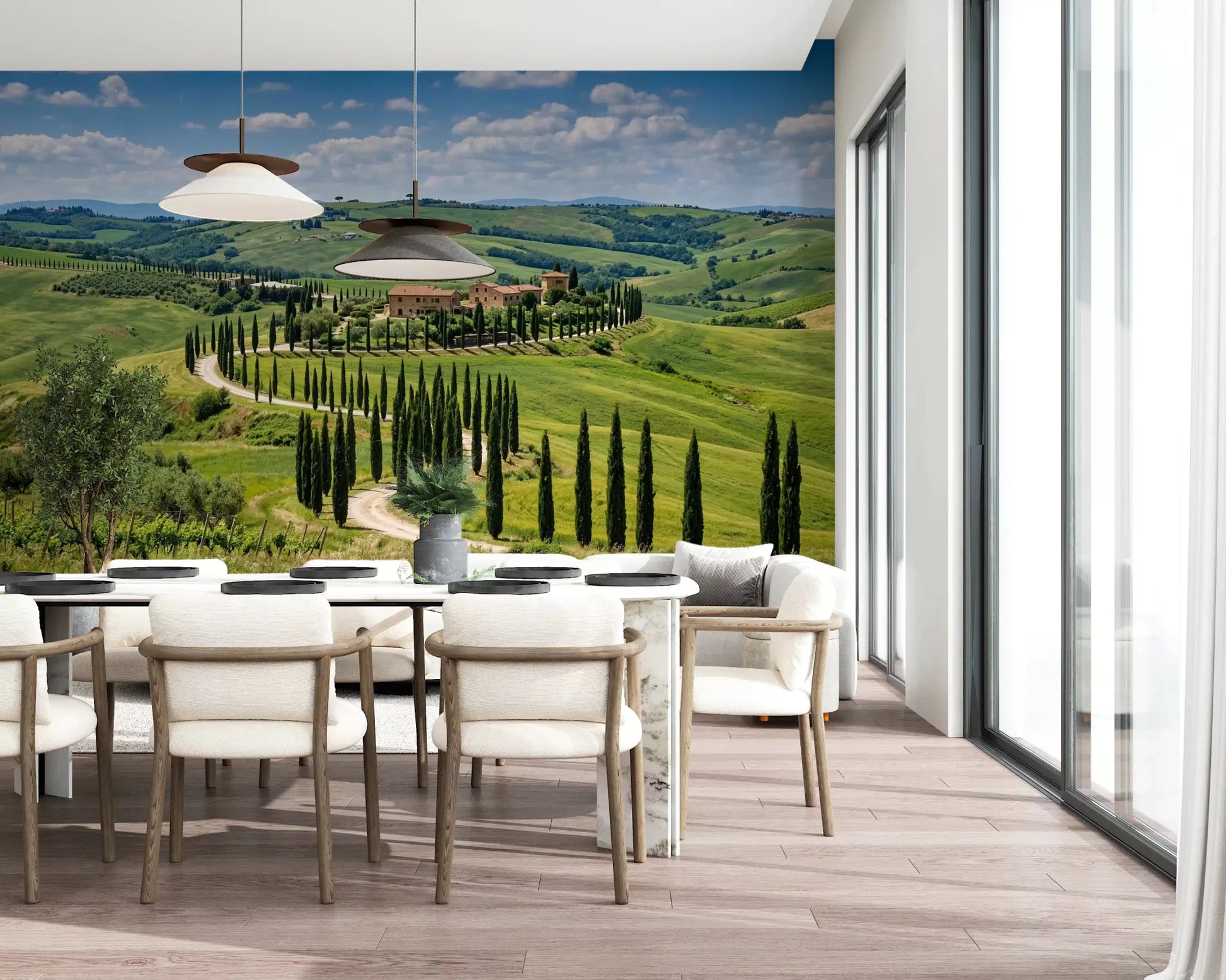 Dining room finished in Tuscany wall mural with cypress avenue and villa scene