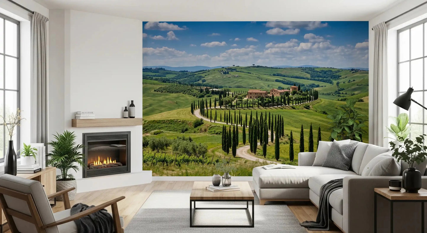 Entryway featuring Tuscan cypress wall mural and panoramic hill backdrop