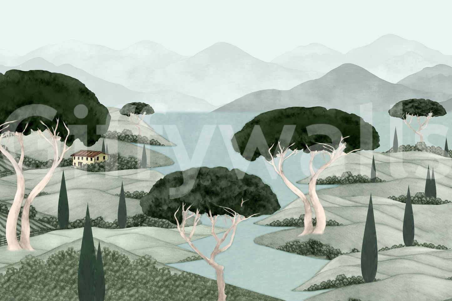 Artistic Tuscan Dreamscape Wall Mural vista wall mural