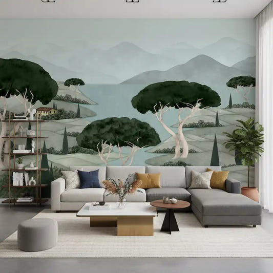 Tuscan Dreamscape living room Wall Mural teal mountain landscape wallpaper