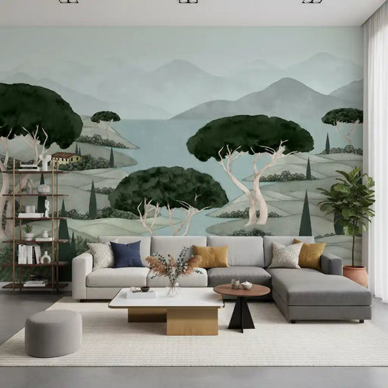 Tuscan Dreamscape living room Wall Mural teal mountain landscape wallpaper