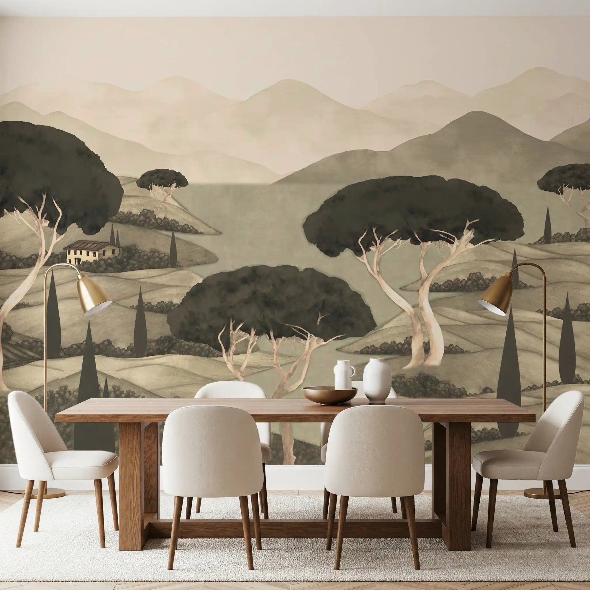 Sepia toned Tuscan Hillside Vista Wall Mural featuring rustic villa for dining room 