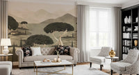 Modern hallway Tuscan Hillside Vista Wall Mural in earthy watercolor tones