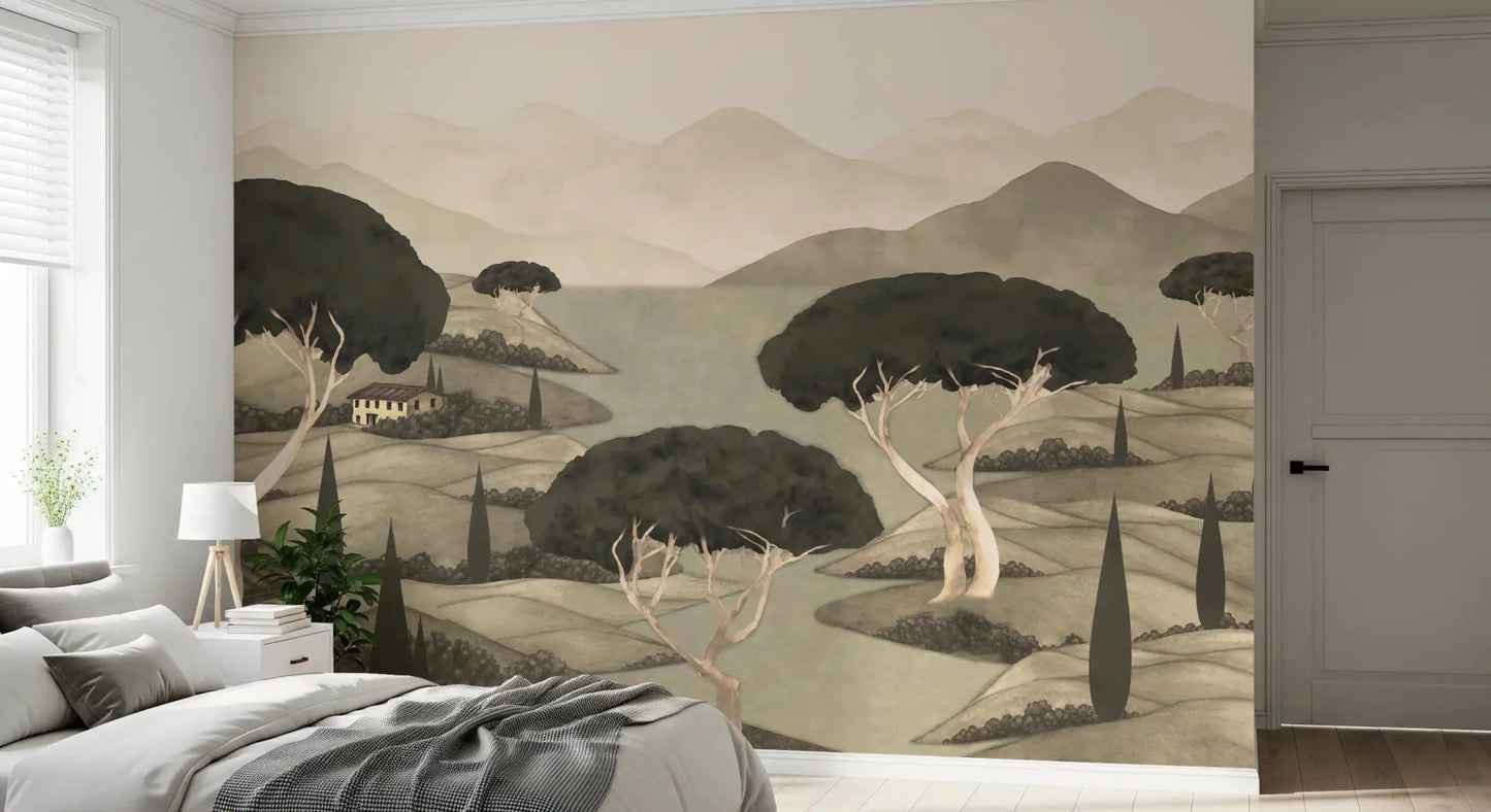 Tuscan Hillside Vista Wall Mural with olive green trees and tan mountains