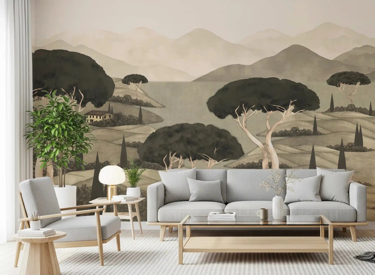 Artistic Tuscan Hillside Vista Wall Mural with tall cypress silhouettes
