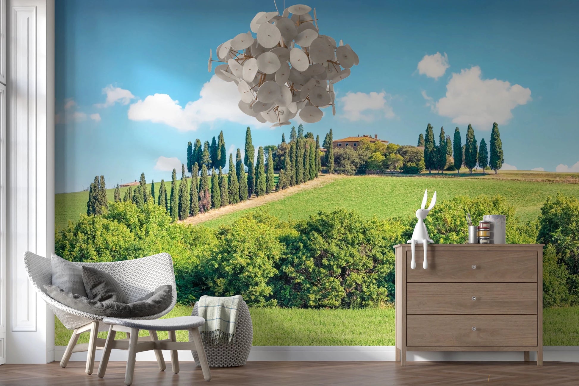 Wide hillside landscape wall mural setup