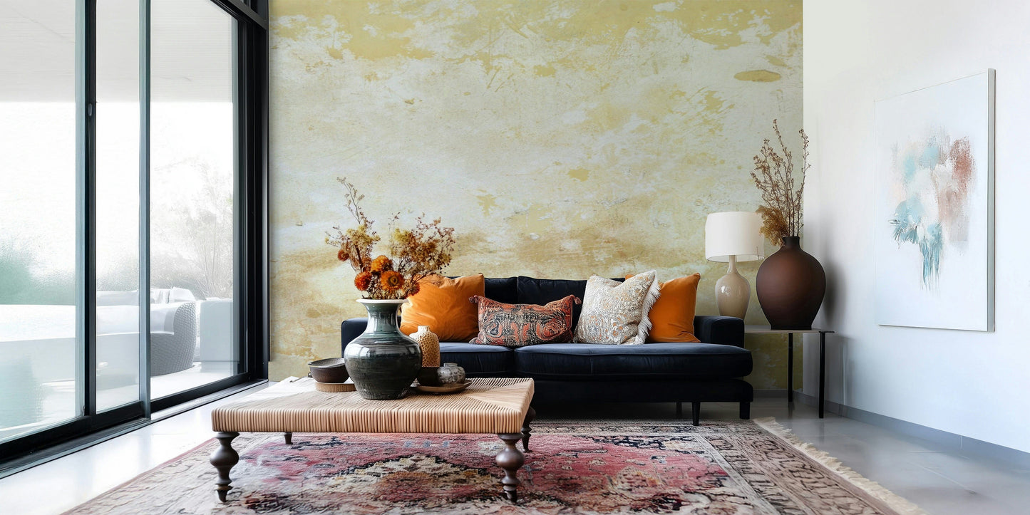 Rustic wall covering, buttery yellow hues, sophisticated subtle surface pattern.