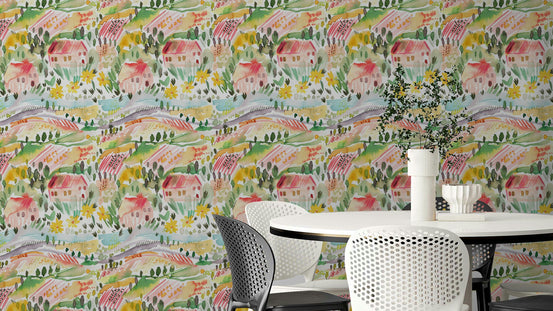 Tuscany landscape watercolor wallpaper for walls

