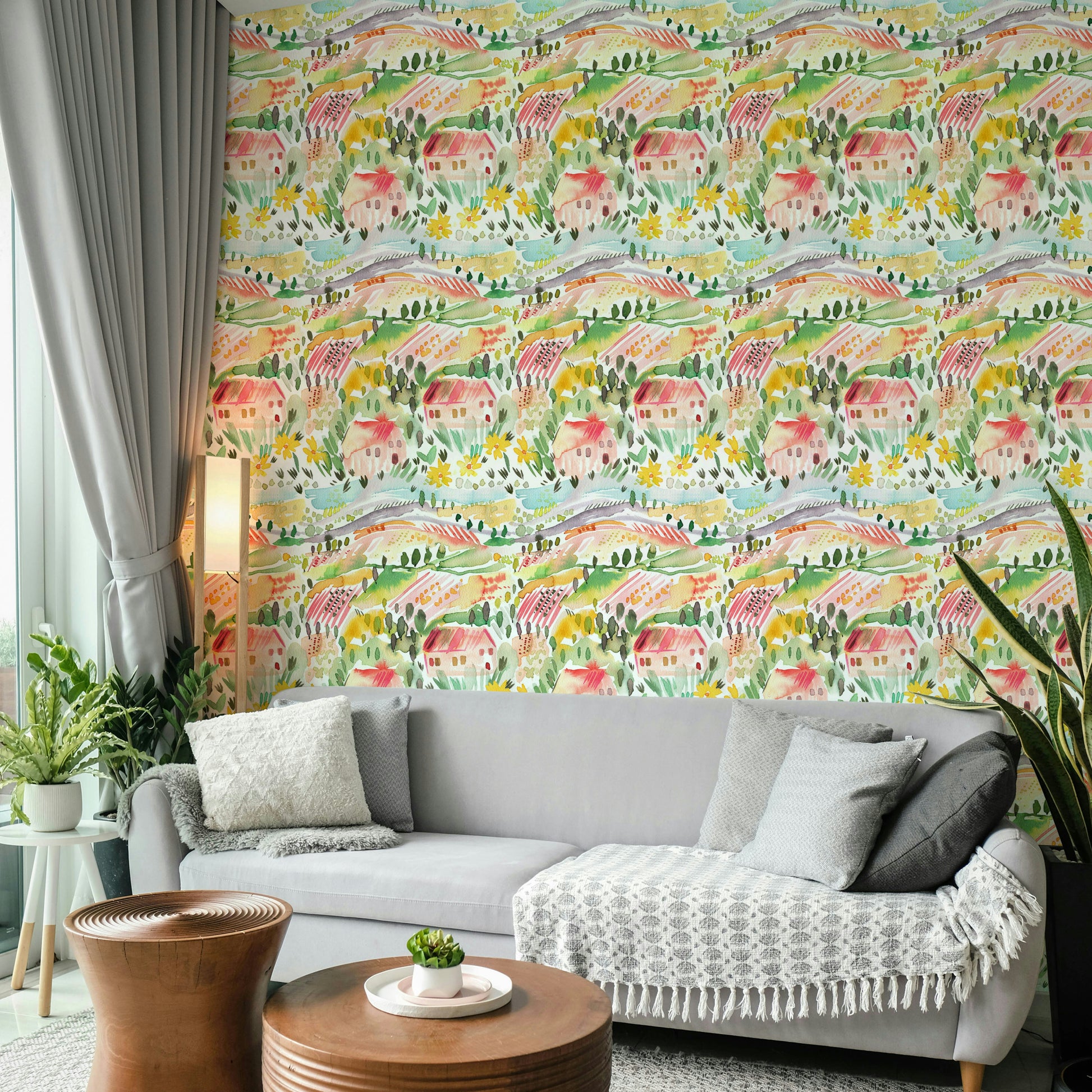 Warm-toned watercolor Tuscany landscape wallpaper

