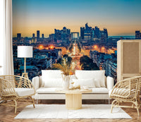 Wide angle architectural wallpaper, Twilight Metropolis office decoration.