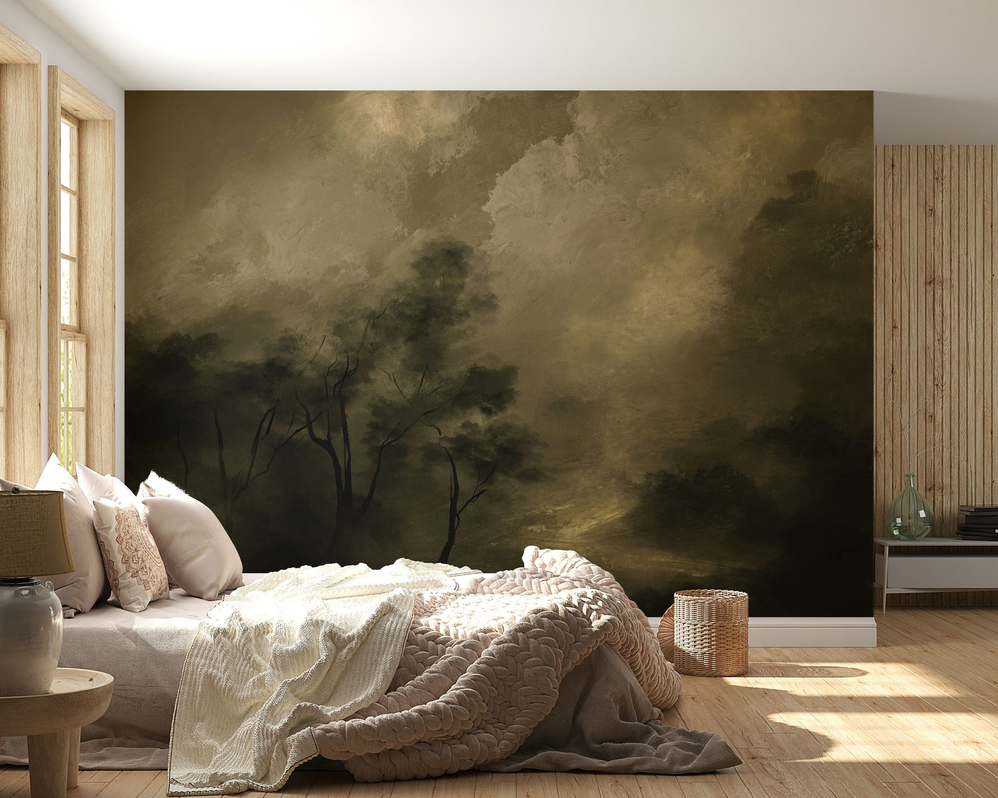 Golden Twilight wallpaper mural of a dark olive twilight forest behind a low bed with blush bedding in a wood-panelled bedroom