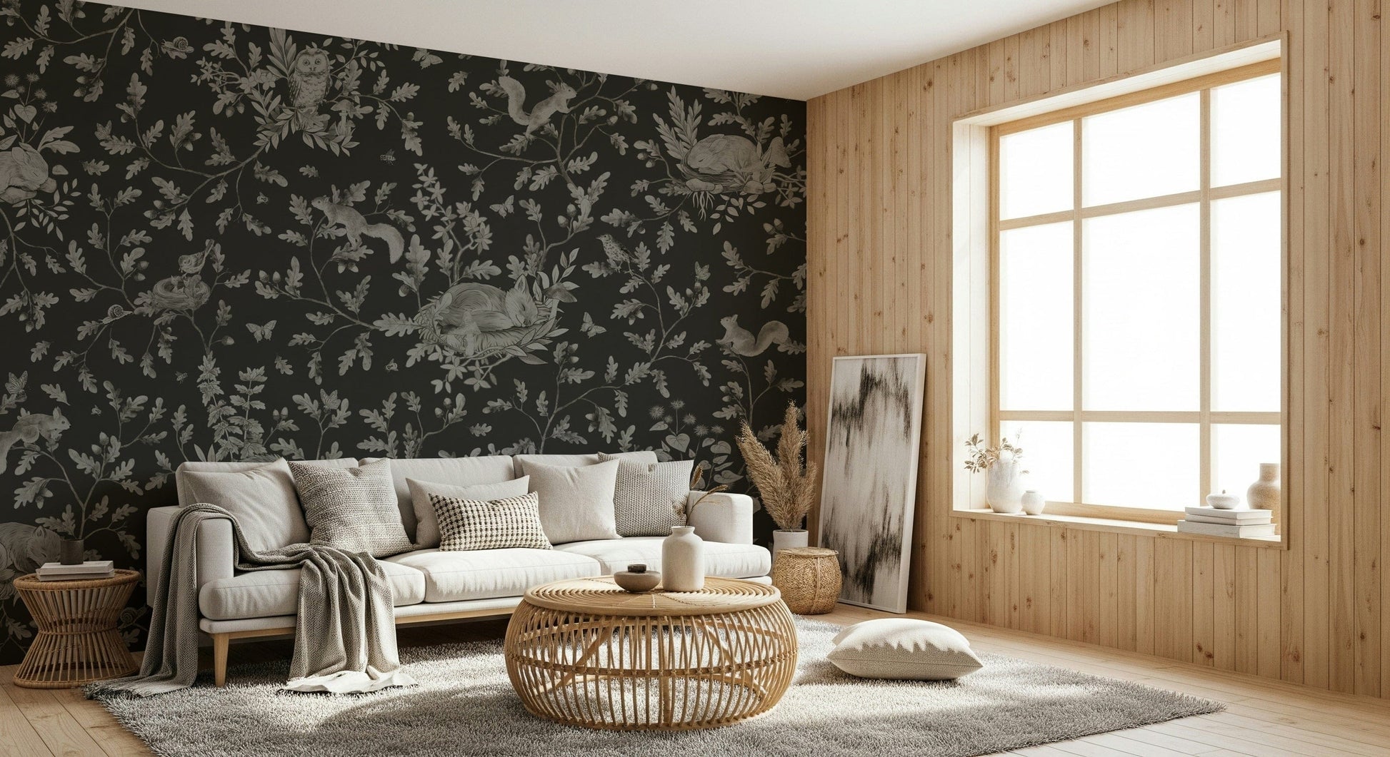 Mystical forest mural with deep twilight hues for a calming, ethereal room design.