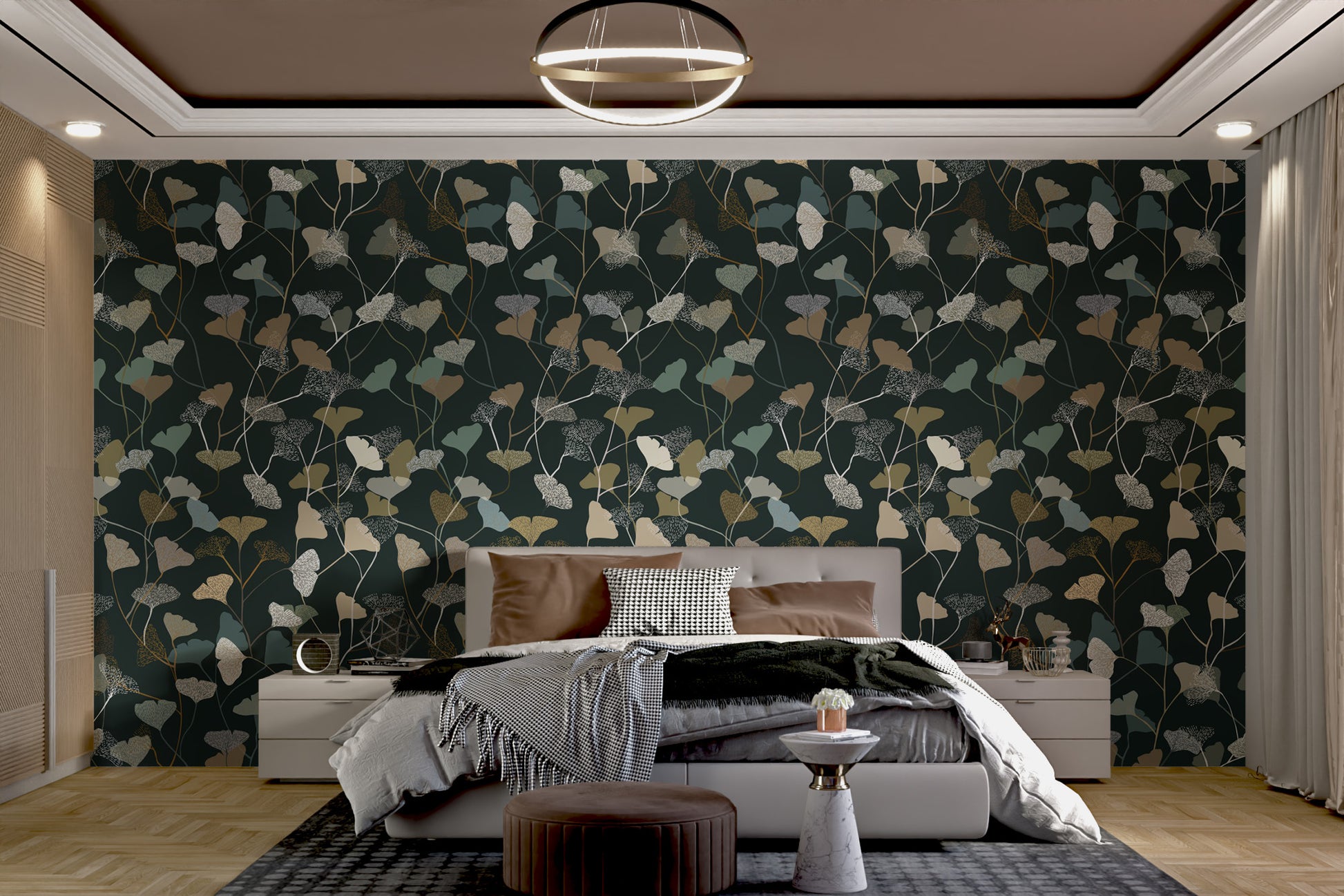Twilight Ginkgo Symphony wallpaper with sage and gold ginkgo leaves on a dark green wall behind a grey bed in a bedroom