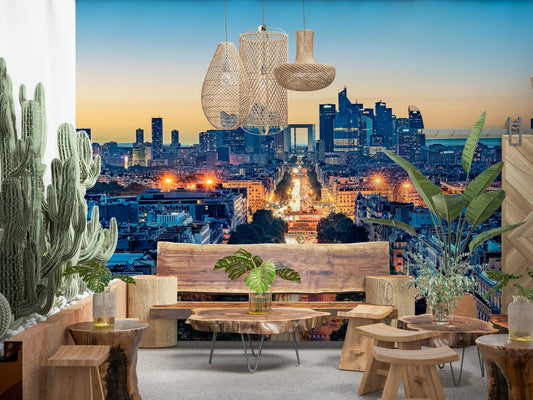 Twilight Metropolis mural, contrasting classic and contemporary buildings.