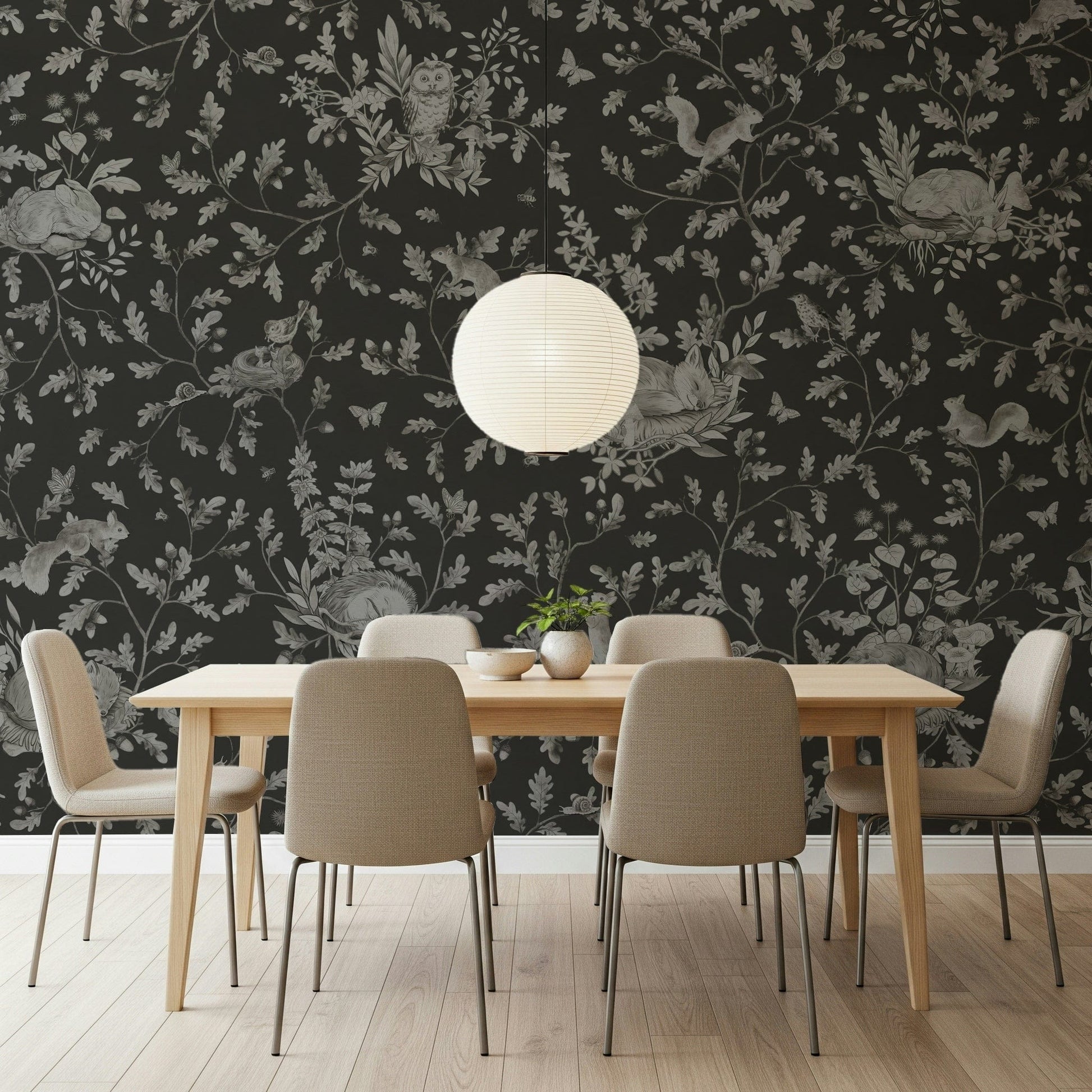 Enchanting woodland mural capturing the quiet beauty of trees at twilight.